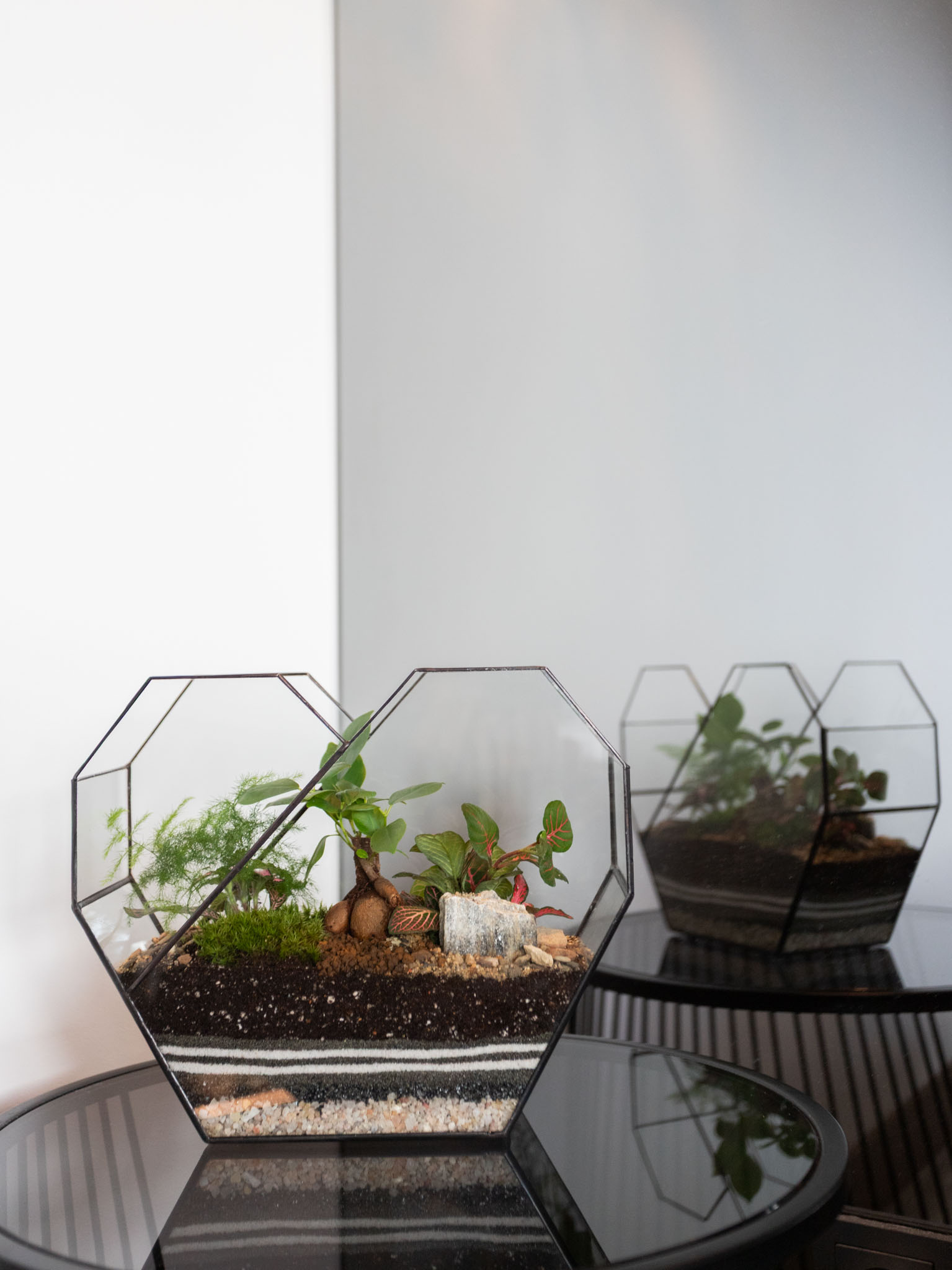 Otvorené rastlinné terárium v tvare srdca ako dizajnový prvok z vitrážneho skla