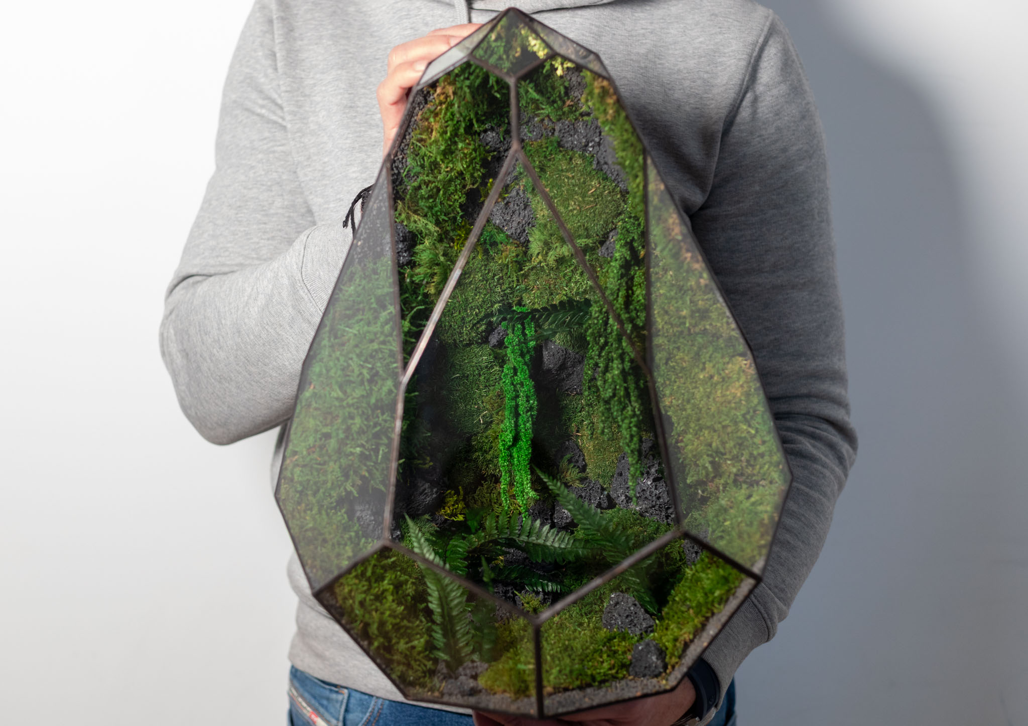 Bezúdržbové stabilizované machové veľké terárium ako interiérový doplnok