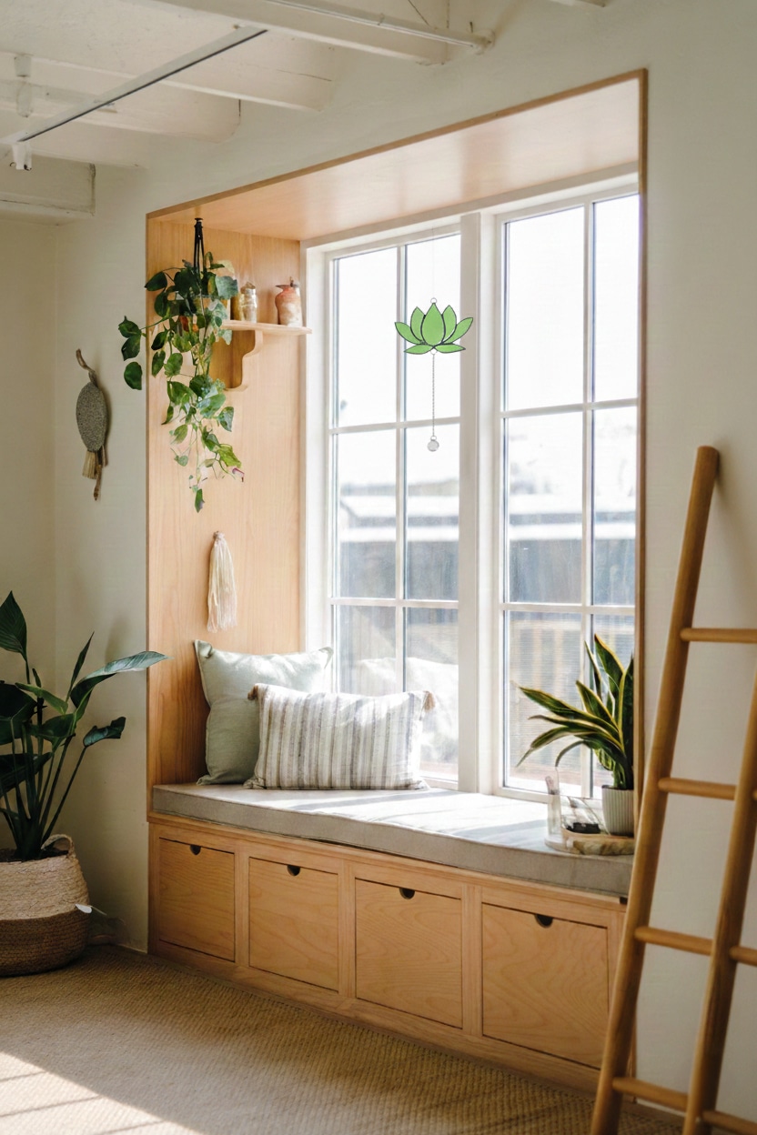 Závesná dekorácia do okna v tvare lotosu vyrobená Tiffany technikou.