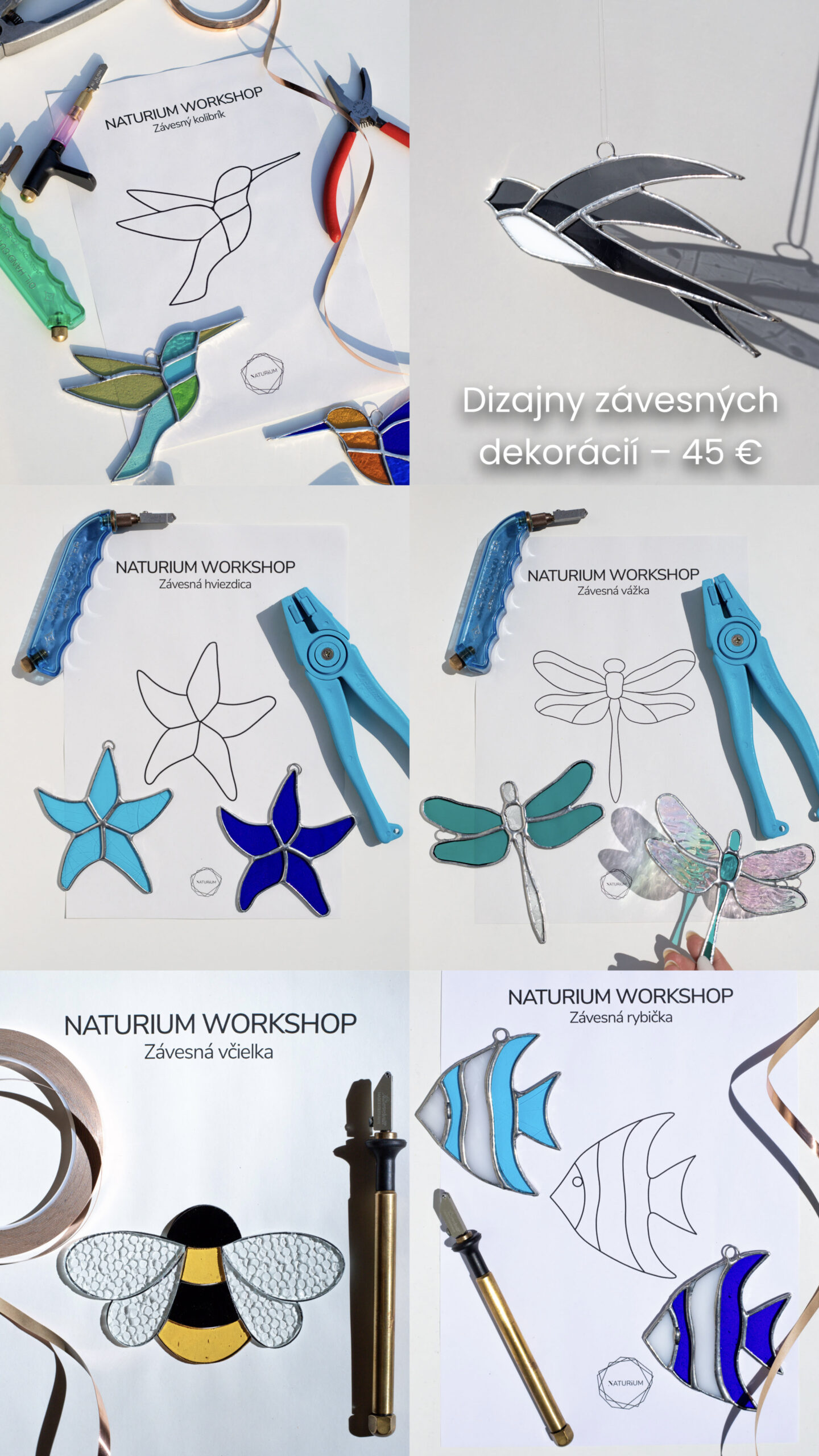 Účastníci workshopu vlastnoručne vyrábajú moderné závesné dekorácie podľa historickej Tiffany techniky.